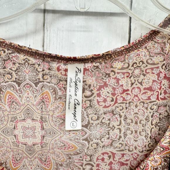 Perseption Concept Blouse Size L Swoop Neck Short Sleeve Floral Orange Ruffled - Picture 2 of 3